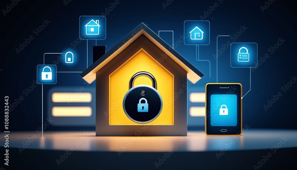 Poster smart home security concept with digital interface and lock icons