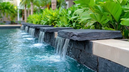 Naklejka premium Serene Poolside Waterfall Feature Luxury Resort Spa Design