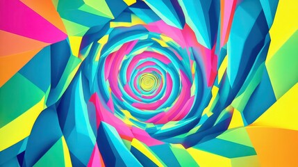 Obraz premium Geometric spiral art bursts with vibrant fuchsia, blue, and yellow, providing a dynamic abstract background for digital content and marketing.
