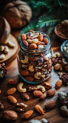 Fototapeta premium Mixed Nuts in a Jar on Wooden Table - Healthy Snack
