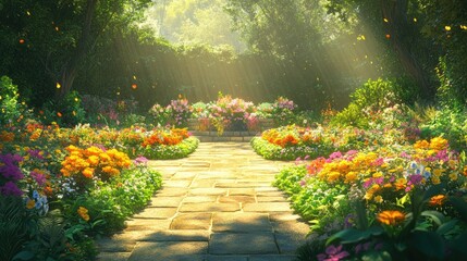 Fototapeta premium Bright and Cheerful Garden Scene in Vibrant Colors