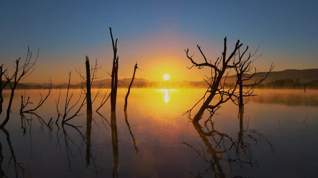 An aerial view of a body of water with mountains in the background, and a sunrise casting warm colors over the scene. The water is calm and reflecting the sky's hues, creating a serene atmosphere.
