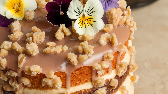 Layered cake topped with vibrant edible flowers and a crunchy crumble, showcasing a rich chocolate frosting.