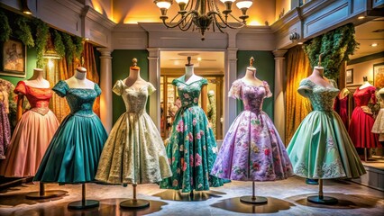 Fototapeta premium Vintage Fashion Showcase: A Nostalgic Display of Classic Dresses on Mannequins in an Enchanting Setting