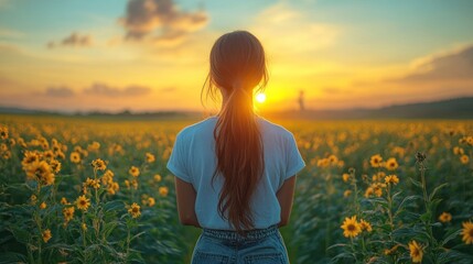 Fototapeta premium Woman in Sunflower Field at Sunset