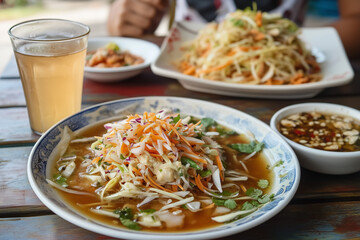 Selective focus thai spicy salad on the dining table, Close up shot spicy papaya salad, The most...