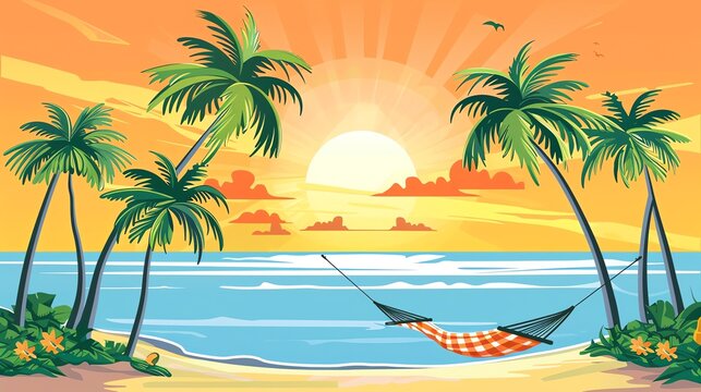 A cartoon illustration of a tropical beach at sunset with palm trees and a hammock.
