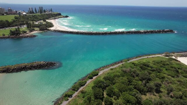 Tweed River, Duranbah Beach And Marlo's Beach In Fingal Head, NSW, Australia. - aerial shot