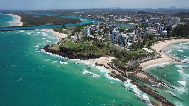 Aerial View Of Point Danger, Snapper Rocks And Duranbah Beach In Tweed Heads, NSW, Australia.