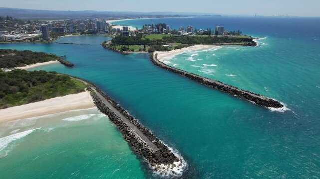 Aerial View of Tweed River Mouth And Beach - New South Wales-Queensland Border In Australia.