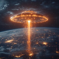 A dramatic alien spacecraft hovering above Earth, emitting a beam of light.