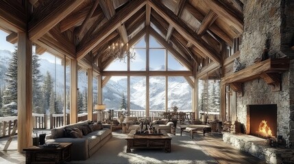 Rustic mountain cabin with exposed beams, large stone fireplace, snowy backdrop