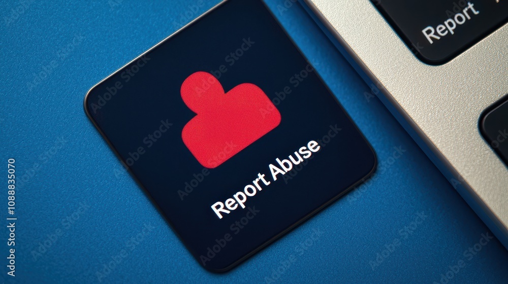 Poster Cyberbullying Protection Concept, Pop-Up Window Featuring Prominent Report Abuse Button Highlighted on Standard Background with Keyboard in Close Proximity for User Assistance and Support