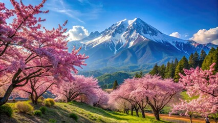 Majestic Mountain Landscape with Cherry Blossom Tree in Bloom - Scenic Nature Photography, Spring Season, Serene Beauty, Tranquil Outdoor Scene, Vibrant Colors, High Depth of Field