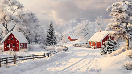 Snowy winter country scene red timber homes and timber fence along a snow covered road with forests and mountains behind