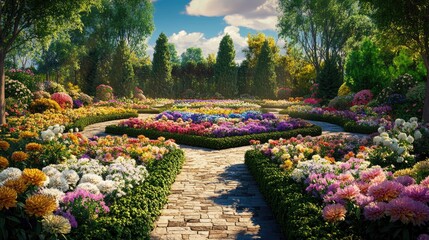Charming Garden Scene with Blooming Flower Beds
