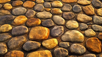 cobbled stone path texture with smooth stones in shades of warm golden brown and dark orange. The stones fit closely together, creating a warm, inviting road texture suitable for village pAth.