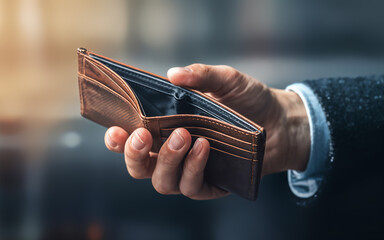 Businessman showing empty wallet experiencing poverty and financial crisis