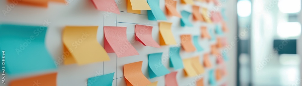 Poster a colorful array of sticky notes in various shades, organized on a wall, demonstrating creativity an