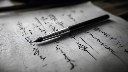 traditional Japanese calligraphy brush rests on textured paper filled with elegant strokes. intricate details showcase beauty of calligraphy art