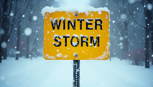 Winter storm warning sign during snowfall in a snowy landscape