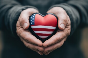 Fototapeta premium Close-up of an American flag heart in the hands of a man. American heart month.