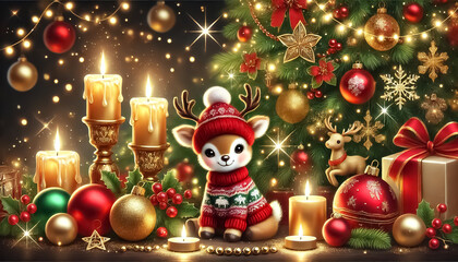 Cute reindeer in Christmas clothes, and a warm cute Christmas greeting with candles, gift boxes, Christmas decorations in the background