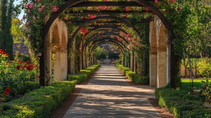 Fototapeta premium Charming Garden Walkway with Vibrant Flowering Arches
