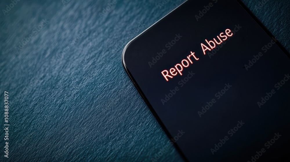 Poster cyberbullying protection concept, modern mobile device displaying a highlighted report abuse button 