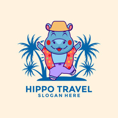 Hippo Travel Cartoon logo vector, Mascot Hippo Traveler with floral pattern shirt  and beach palm logo design template