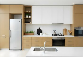 A modern kitchen with white walls, light wood cabinets, and stainless steel appliances. The kitchen has a minimalist and clean design