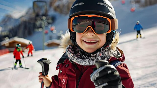 Little boy smiling on camera while wearing helmet and sunglasses with winter ski resort in background - Winter sport and childhood concept - Model by AI generative