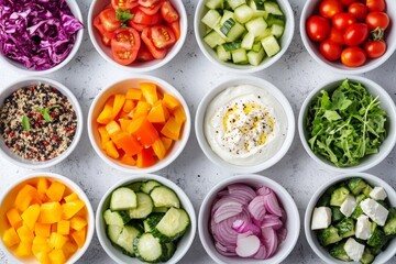 white bowls with various salads and vegetables. Top view. Healthy lifestyle concept
