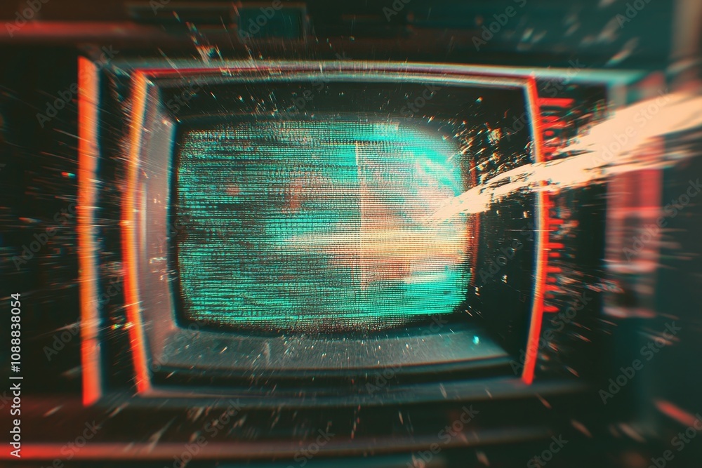 Poster retro 80s tv glitch effect with vhs static, pixel noise, and analog scanlines on transparent overlay