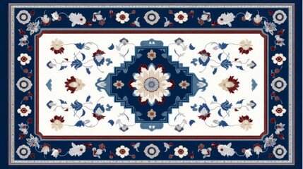 A Traditional Carpet Design Featuring an Intricate Blue and White Floral Pattern with Decorative Borders