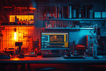 High technology working desk with computer monitor  with advanced graphic on screen, Selective focus advanced technology working table, Future modern computer software on screen, Laboratory hardware.