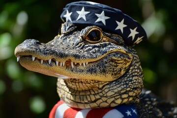 Fototapeta premium Patriotic portrait of an american alligator dressed in stars and stripes for 4th of july celebration