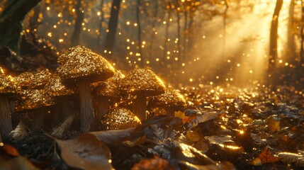 Golden Mushrooms in a Sunlit Forest
