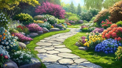 Obraz premium Charming Stone Pathway Through a Flowering Garden