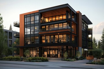 Fototapeta premium Creating sustainable urban spaces a mixed-use green building integrating retail and residential in an eco-friendly environment