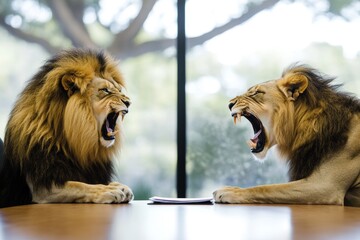 Lions engaging in a heated debate during a corporate meeting  a unique business encounter