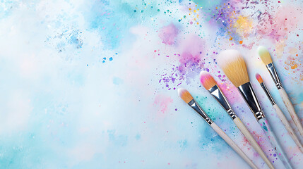 Fototapeta premium lovely set of watercolor brushes arranged on colorful background, showcasing vibrant hues and artistic splashes. Perfect for creative projects and art enthusiasts