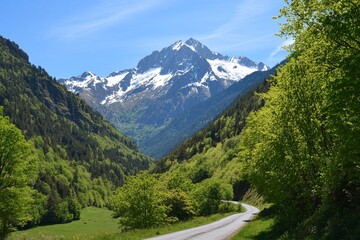 Summer view of majestic french alps with snow capped peaks and lush greenery along scenic road © Yurij
