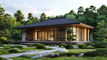 Modern Japanese-style wooden house with minimal design, zen garden