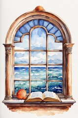 Window overlooking the sea. Watercolor