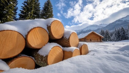A stack of snow-covered pine logs in a snowy forest, with a cloudy sky and trees behind it