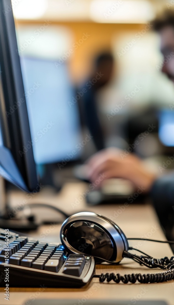 Poster close up of an office phone with headset as a man types on computer in blurred background