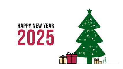 Happy New Year 2025 Christmas tree and Gift Box, minimalist flat style