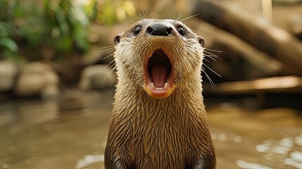 An astonished otter stands with its mouth agape.