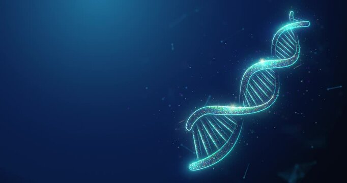 Abstract animated human DNA helix made of glowing neon particles. Human genome health care and genetic biotechnology medical concept. Genetics health 4K looped motion graphic on blue background